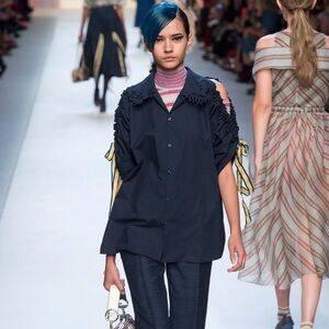 Fendi Womens Navy Blue Button Up Cold Shoulder 3/4 Sleeve Blouse Top - Size 40